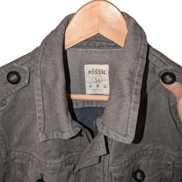 Mens Fossil Cotton Zip Button Up Military Utility Field Denim Jacket Grey Medium - Picture 3 of 10